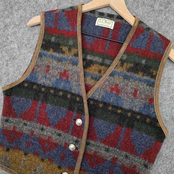 Vintage L.L. Bean Vest Womens M Multi Wool Suede Trim Western Aztec Rustic - Picture 5 of 10